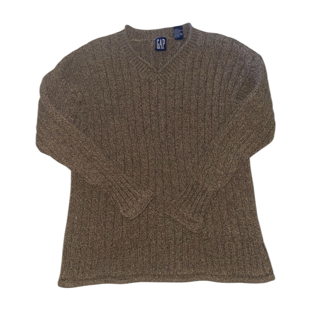 GAP BROWN WOVEN CREWNECK CABLE KNIT COTTON SWEATER - Picture 1 of 10